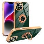 Dinick for Green iPhone 15 Case with Ring Holder Kickstand [with Magnetic] Soft TPU Bumper, Glitter Gold Electroplated Cover Full Camera Protective Phone Case for iPhone 15 2023