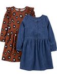 Simple Joys by Carter's Girls' 2-Pack Long-Sleeve Dress Set Casual, Brown Cheetah/Dark Denim, 5-6 Years (Pack of 2)