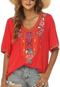 Mexican Embroidered Tops for Women Summer Short Sleeve Boho Shirts Peasant Blouses, Loose Fitting Bohemian Top Hippie Clothes, 7-red, Small