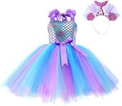 AUTOWT Mermaid Tutu Dress for Girls, Princess Costume Halter Neck Decorated with Headband Mesh Tulle Skirt with Hair Hoop Dressing up Kid Holiday Dance Birthday Party Halloween Cosplay Purple Outfit