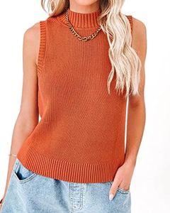 Rilista Women Summer Sleeveless Ribbed Tank Tops Mock Neck Turtleneck Sweater Vest Knit Cami Shirts Orange