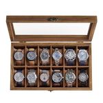 SONGMICS Watch Box, 12-Slot Watch Case, Solid Wood Watch Box Organizer with Glass Lid, Rustic Walnut UJOW120K01