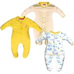 VParents Aqua Full Length Printed Baby Footies Sleepsuit Romper Pack of 3 - New Born (New Born, Yellow)