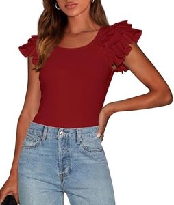 PRETTYGARDEN Women's Ruffle Short Sleeve Shirts 2025 Summer Casual Basic Tee Cute Fitted Crew Neck Fashion Tops Clothes (Rust Red,XX-Large)