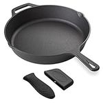 Navaris Cast Iron Skillet - 12 inch Cast Iron Pan - Seasoned Cookware for Frying, Cooking, Oven, Stove Top, Camping - Includes Silicone Handle Covers