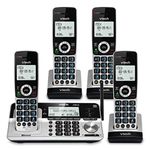 VTech VS113-4 Extended Range 4 Handset Cordless Phone for Home with Call Blocking, Connect to Cell Bluetooth, 2" Backlit Screen, Big Buttons, and Answering System, Silver & Black