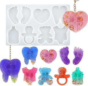 Japleed Baby Day Keychain Silicone Mold Cute Resin Mold Footprints Teeth Pendant Mold Bear Heart Shaped Decor Mould for Epoxy Resin Casting Polymer Plaster Clay Baby Memory Art Craft Charm Making