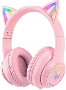 Bluetooth Kids Headphones with Microphone, Cat Ear LED Light Up and 85dB Volume Limiting Toddlers Study Headphones, Wireless Foldable HI-FI Sound Over-Ear School Headphones for iPhone/iPad/Laptop/PC