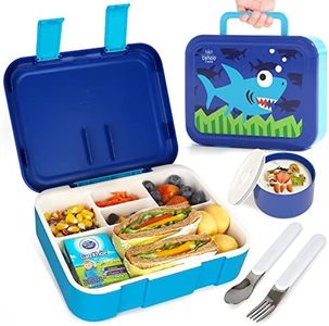 Lehoo Castle Bento Lunch Box, Kids Lunch Box for School, BPA Free Containers 1250ml with 3 Layers 5 Compartments, Stainless Steel Fork Spoon, Leak-Proof Design, Dishwasher Microwave Safe (Shark)