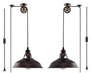 Plug in Pendant Light Industrial Pulley Pendant Lamp E26 Vintage Hanging Light Fixture with 16.4ft Cord On/Off Switch for Pool Table,Houseplant Grow Lights,Kitchen Island,Sink 2 Pack Aged Bronze