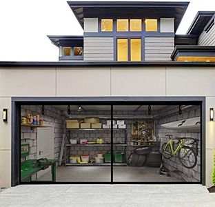 Fiberglass Magnetic Garage Screen Door - Double 16x7ft (2 car) Hands Free Mesh Screen Door，DIY Retractable Garage Door Screen with 4 Roll Up Starps，Easy to Install