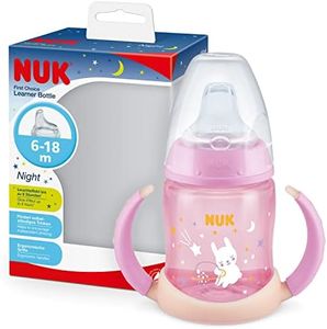 NUK First Choice Sippy Cup Night | 6-18 mois | 150 ml | Brille dans le noir | Poignées et bec orthodontique en silicone | Anti-fuite | Sans BPA | Rose