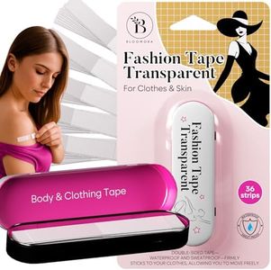 BLOOMORA Fashion Tape doppelseitig transparent – 36 Streifen (7,6 x 1,3 cm) – Body Tape für Kleidung & Haut – wasserfestes Klebeband Kleidung – Fashion Tape für Damen & Herren - Metallbox