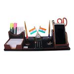 Rasper Black Leather Multipurpose Stationery Desk Organizer Pen Stand Holder With Calculator Watch Flag For Office Table Top With Mobile Holder (17.25X6 Inches)