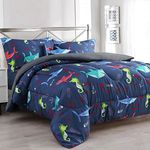 Sapphire Home 8 Piece Shark Full Bedding Set for Boys, Bed in a Bag, Kids Comforter Set with Bed Sheets, Pillow Case, Toy Pillow, Toddler Bedroom Kit, Ocean Themed Room Decor for Boys, Full Size