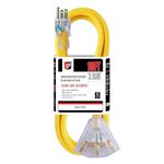 EP 10 Ft 12/3 Lighted Outdoor Extension Cord with 3 Electrical Power Outlets -12 Gauge 3 Prong SJTW Heavy Duty Yellow Extension Cable with 3 Prong Grounded Plug for Safety,UL Listed