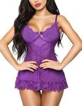 RSLOVE Women Sexy Lingerie Lace Babydoll Mesh Chemise Sleepwear Bridal Nightdress Purple M