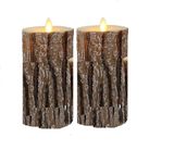 FYCAN 2 LED Flameless Pillar Candle Battery Operated with Flickering Warm Yellow Light Moving Wicks,Real Candles Wedding Wax Candles for Home Decoration,Christmas Dancing Pine Tree Candles_Brown_2pcs