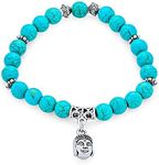 Spiritual Gemstone Charm Bali Buddha Blue Compressed Turquoise Stretch Bracelet for Women Teens Ball Bead Dangle Silver Plated