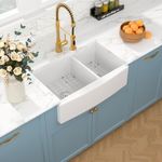 33 Double White Farmhouse Sink - Sarlai 33 x 21 Inch Kitchen Sink Apron Front Double Bowl 60/40 White Porcelain Ceramic Fireclay Kitchen Farm Sinks Basin