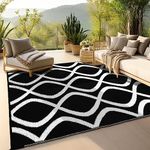 WIKIWIKI Outdoor Rugs Portable Straw Mat, Reversible Mats, Patio Décor, Great for Balcony, Camping, RV, Deck, Picnic, Beach, Waterproof, Easy to Clean, Fade Resistant, Black & White, 5 x 8 ft