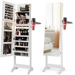 COSTWAY LED Lights Jewellery Cabinet, Floor Standing Lockable Jewelry Armoire with Full Length Mirror and Hairdryer Mount, Cosmetics Makeup Storage Organiser Unit (White, with Lights Control Button)