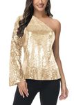 ANNA-KACI Women's Long Sleeve One Shoulder Sexy Sequin Party Top Blouse Sparkly Shirts, Gold, X-Large