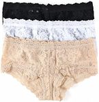 hanky panky, Signature Lace Boyshort, 3 Pack, Black, White & Chai, Large, Durable and Comfortable Underwear for Women