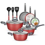 NutriChef Kitchenware Pots&Pans Stylish Cookware, Non-Stick Coating Inside&Outside + Heat Resistant Lacquer, Dark Gray Inside and Red Outside(12-Piece Set), One Size