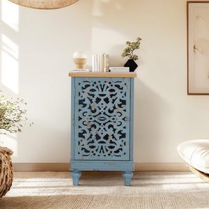 Sophia & William Small Accent Cabinet with Single Door, 31.5" Tall Side End Table, Distressed Nightstand with Hollow Carved Door, Blue