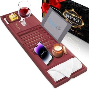 SereneLife Bamboo Bathtub Caddy with Luxury Gift Box and Red Gifting Ribbon Extendable & Adjustable Tray with Device/Book Holder with Removable Trays for Bath Accessories (Stain Brown)