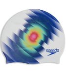 Speedo Unisex Digital Printed Swim Cap for Men and Women - White & Blue