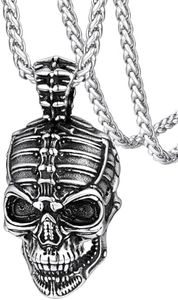 FaithHeart Mens Skull Necklace for Men Steampunk Skeleton Pendant with 22+2 Inches Wheat Chain Goth Accessories for Dad