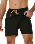 SILKWORLD Mens Swimming Trunks with Compression Liner 2 in 1 Quick-Dry Swim Shorts with Zipper Pockets Black