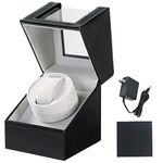 MYFULLY Automatic Single Watch Winder in Black Leather with Quiet Motor Watch Display Case Storage Box Fits Lady and Man Automatic Watch, AC Adapter or Battery Powered