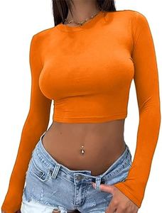 Abardsion Women's Sexy Long Sleeve Crop Top 2024 Crew Neck Basic Fitted Tight Cropped T Shirts, Orange, Medium