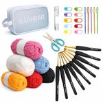 Crochet Set, Complete Crochet Kit for Beginners with 9 Ergonomic Hooks, 6 Soft Yarn Balls, Scissors, Stitch Markers, Large Tapestry Needles & Storage Washbag | DIY Knitting & Craft Starter Set for Adults & Kids