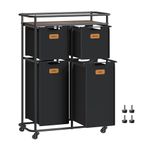 VASAGLE Laundry Sorter, Laundry Basket with Wheels, 150 L Rolling Laundry Hamper, Portable Laundry Cart with Shelf, 4 Removable Liners and 6 Labels, Ink Black and Chestnut Brown RLS100B01