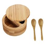 InciFuerza Bamboo Salt and Pepper Bowl Box with 2 Spoons, Elegant Kitchen Salt Container Holder with Swivel Magnetic Lid to Storage Pepper Spice Bath Salt Sea Salt, Dual 7 Ounce Capacity (Double)