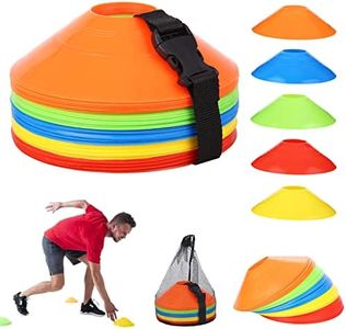 UNIDEAL 50 Pezzi Coni a Disco per il Calcio, Coni da Allenamento con Cinghia di Bloccaggio e Tasca a Rete, Piattino Disc Mini Coni per Partite di Calcio Atletica Leggera Marcatori sul Campo (5 colori)