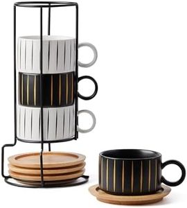 HOME DECOR Taza de café apilable de cerámica, 180 ml, tazas de capuchino y platillo con soporte de metal para espressos, capuchinos y lattes, juego de 4 unidades, colección a rayas