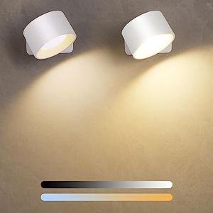 Diealles Shine Aplique Pared Interior, Lampara Pared Recargable con 3 Brillos y 3 Colores, Apliques de Pared Giratoria de 360° para Dormitorio, Cocina, Baño, Sala de Estar (Blanco-2 Piezas)