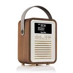 VQ Retro Mini Dab Plus/Dab Radio with Bluetooth, FM and Alarm Clock Radio Function - Mains Powered and Battery Portable Radio with Antenna, Headphone Jack and USB Charging Port - Walnut