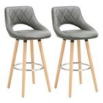 WOLTU Breakfast Kitchen Counter Bar Stools Set of 2 pcs Faux Leather Seat Bar Chairs Wood Legs Barstools Grey High Stools