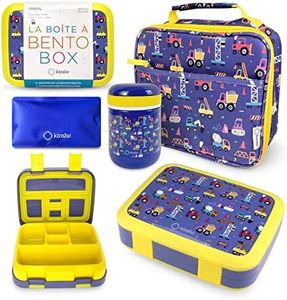 Bento Box with Thermal, Insulated Lunch Bag, & Ice Pack Set for Kids or Toddlers. Stainless Steel Food Jar, 5 Compartment Lunch-Box for Pre-School or Daycare, Blue Yellow Trucks