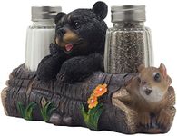 Decorative Black Bear and Squirrel Friend on Log Salt & Pepper Shaker Set Figurine Display Stand in Rustic Lodge Table Decorations or Cabin Kitchen Decor Sculptures As Gifts for Friends