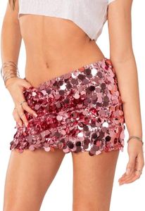 ANKOMINA Women's Sexy Shiny Sequin Mini Skirt Glitter Low Waist Pencil Skirts Bodycon Dance Party Club Short Skirt, Pink, Large