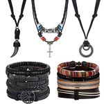 Kakonia 11Pcs Mens Bracelets Necklace Jewelry Set Adjustable Leather Bracelets Necklace for Men Black Brown Tribal Double Circle Pendant Necklaces Handmade Braided Bracelets