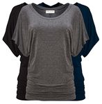 3 Pack: Free to Live Women's Short Sleeve Dolman Tops (Black, Charcoal, Navy), Large