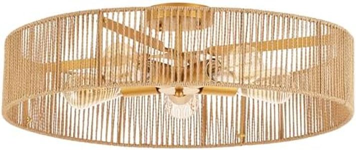 MhyTogn 24" Natural Rattan Flush Mount Ceiling Light Fixture Antique Brass Brush Paint Finish Boho Chandelier for Porch Patio Hallway Bedroom Living Room Kitchen Island 5-Light